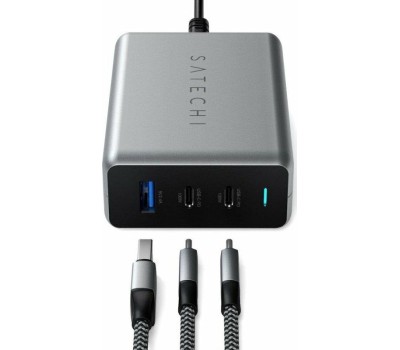 SATECHI Сетевое зарядное устройство Compact Charger с технологией GaN Power. Порты: USB Type-C 100 Вт х 2, USB Type-A до12 Вт. Цвет: серый космос