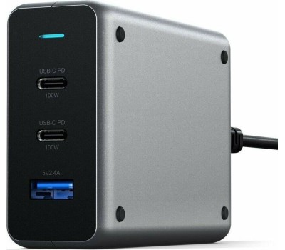 SATECHI Сетевое зарядное устройство Compact Charger с технологией GaN Power. Порты: USB Type-C 100 Вт х 2, USB Type-A до12 Вт. Цвет: серый космос