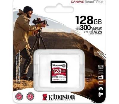Карта памяти KINGSTON Карта памяти SDXC UHS-II U3 Canvas React Plus 128 ГБ, 300 МБ/с, Class 10, SDR2/128GB, 1 шт., без адаптера