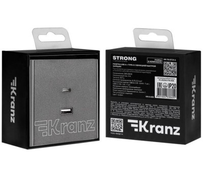 KRANZ Розетка STRONG USB-A+Type-C 3А с функцией быстрой зарядки графит