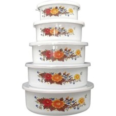 MALLONY Набор из 5 эмалированных мисок с крышками, FAMILIA, 195/340/600/850/1250 мл, цвет: белый дизайном (008764)