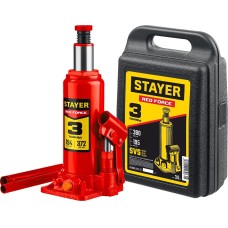 STAYER RED FORCE, в кейсе, 3 т, 194 - 375 мм, бутылочный гидравлический домкрат, Professional (43160-3-K)