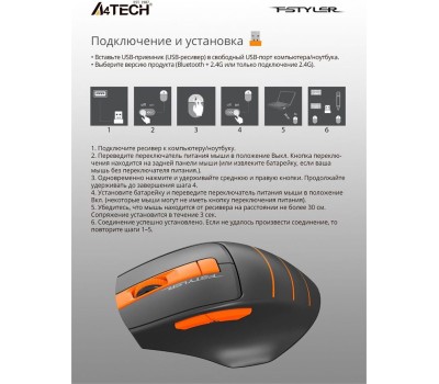 Мышь A4TECH Fstyler FG30 серый/оранжевый оптическая (2000dpi) беспроводная USB