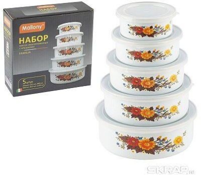 MALLONY Набор из 5 эмалированных мисок с крышками, FAMILIA, 195/340/600/850/1250 мл, цвет: белый дизайном (008764)