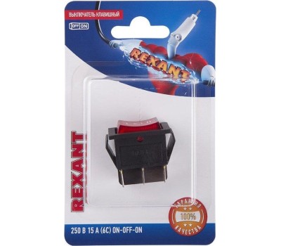 REXANT Переключатель клавишный 250В 15А (6с) вкл-вкл красный с подсветкой (1 шт/уп)