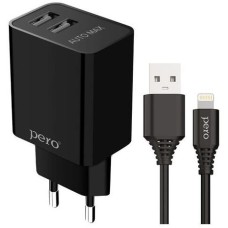 PERO Сетевое зарядное устройство TC02, 2xUSB-A, 8-pin Lightning, 10.5Вт, 2.1A, черный [тс02bl2al]