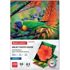 BRAUBERG Фотобумага 363997, A3, для струйной печати, 50л, 230г/м2, белый, покрытие матовое