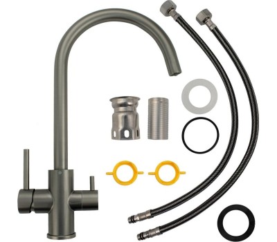 Смеситель для кухни MAGNUS 9121 Смеситель кухонный С-образный излив, ГРАФИТ, шаровый, с двойным выпуском воды для фильтра, из нержавеющей стали марка 304