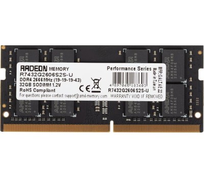 Оперативная память AMD Оперативная память Radeon R7 Performance Series R7432G2606S2S-U DDR4 - 1x 32ГБ 2666МГц, для ноутбуков (SO-DIMM), Ret