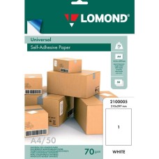 LOMOND Этикетки 2100005 A4 297x210мм 1шт на листе/70г/м2/белый/50л. самоклей