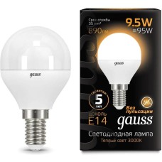GAUSS Лампа светодиодная 9.5Вт цок.:E14 шар 220B св.свеч.бел.теп. (упак.:10шт) (105101110)