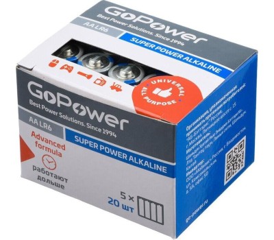 Элементы питания GOPOWER (00-00017748) LR6 AA BOX20 SHRINK 4 ALKALINE 1.5V