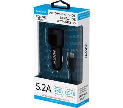 ЗАРЯДНЫЕ УСТРОЙСТВА В ПРИКУРИВАТЕЛЬ MAXVI CCM-522 Plus T black 5.2A, 2USB, QC3.0, цвет: черный, подсветка: синяя