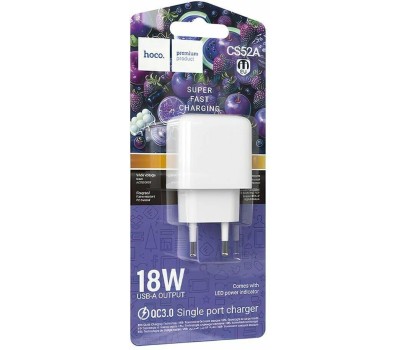 СЗУ HOCO (6942007631457) CS52A 1USB 3.0A QC3.0 18W White