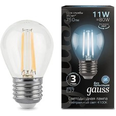 GAUSS Лампа филам. 11Вт цок.:E27 шар 220B св.свеч.бел.нейт. G45 (упак.:10шт) (105802211)