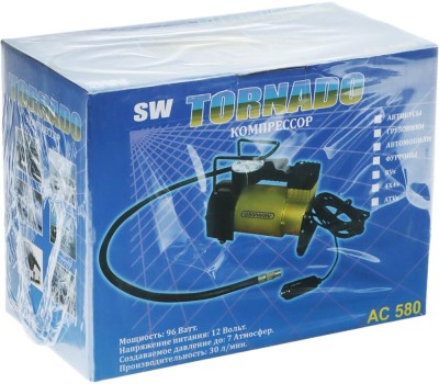 Автокомпрессор TORNADO АC-580 10 A, 35 л/мин, 140 PSI, 12В металл. корпус (с сумкой) 44199