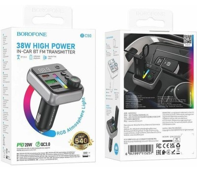 Трансмиттер BOROFONE (6941991115257) BC50 FM-трансмиттер+АЗУ 2USB+1Type-C PD20W+QC3.0 , Black