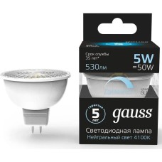 GAUSS Лампа светодиодная MR16 5Вт цок.:GU10 спот 220B св.свеч.бел.нейт. (упак.:1шт) (101506205-D)