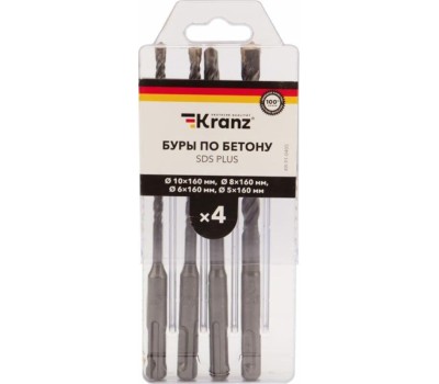 Бур KRANZ (KR-91-0405) Набор буров по бетону 5-6-8-10х160х100мм, 4 шт, в пластиковой коробке SDS PLUS
