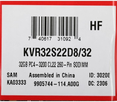 Оперативная память KINGSTON Оперативная память Valueram KVR32S22D8/32 DDR4 - 1x 32ГБ 3200МГц, для ноутбуков (SO-DIMM), Ret