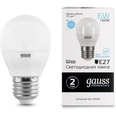 GAUSS Лампа светодиодная Elementary 6Вт цок.:E27 шар 220B св.свеч.бел.хол. (упак.:10шт) (53236)