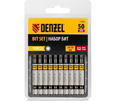 Набор бит DENZEL Набор бит TORX 20х50, сталь S2, шестигранный профиль, 10 шт. 11669