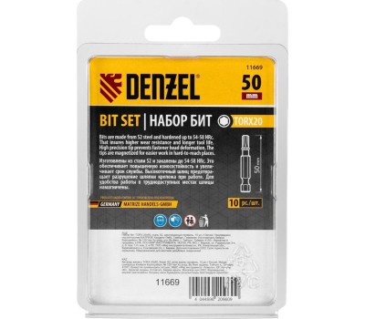 Набор бит DENZEL Набор бит TORX 20х50, сталь S2, шестигранный профиль, 10 шт. 11669