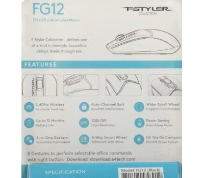 A4TECH Мышь Fstyler FG12 черный оптическая (1200dpi) беспроводная USB (3but)