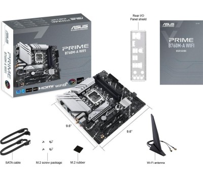 Материнская плата ASUS PRIME B760M-A WIFI (Socket 1700, mATX, 4xDDR5(128GB), 2xHDMI 2.1/DP, 3xPCIe 4.0x16, 1xLAN (2.5GbE), Wi-Fi, BT, 4xSATA 6Gb/s, 2xM.2, 2xUSB 3.2, 4xUSB 2.0, 1xPS/2)(90MB1EL0-M1EAY0)