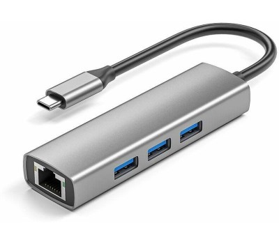 ORIENT JK-341N, Type-C разветвитель-сетевая карта USB 3.2 Gen1 (5 Гбит/c), порты: 3xUSB-A + RJ45 Gigabit Ethernet, RTL8153, 100/1000 Мбит/с, кабель USB Type-C, алюминиевый корпус, серебристый (33309)