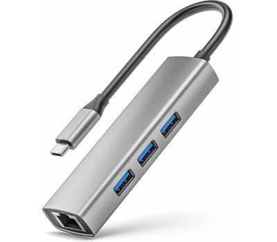 ORIENT JK-341N, Type-C разветвитель-сетевая карта USB 3.2 Gen1 (5 Гбит/c), порты: 3xUSB-A + RJ45 Gigabit Ethernet, RTL8153, 100/1000 Мбит/с, кабель USB Type-C, алюминиевый корпус, серебристый (33309)