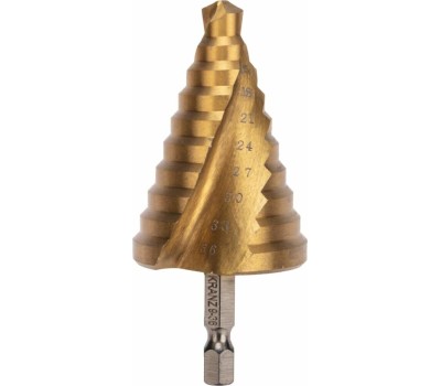 Сверло KRANZ (KR-12-6614) Сверло по металлу ступенчатое ТИТАН 9,0-36,0мм, 110мм, 65 HRC, Р6М5 TiN