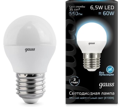 Лампочка GAUSS Лампа LED E27, шар, 6.5Вт, 10 шт. [105102207]