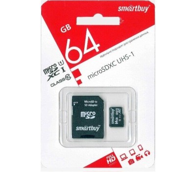 Карта памяти SMARTBUY (SB64GBSDCL10-01) MicroSDXC 64GB Class10 UHS-1 + адаптер