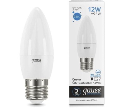 GAUSS Лампа светодиодная Elementary 30232 12Вт цок.:E27 свеча 220B св.свеч.бел.хол. (упак.:10шт)