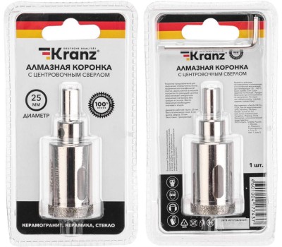 KRANZ Коронка алмазная профессиональная по керамограниту и железобетону М14, вакуумное спекание, 25мм, для УШМ