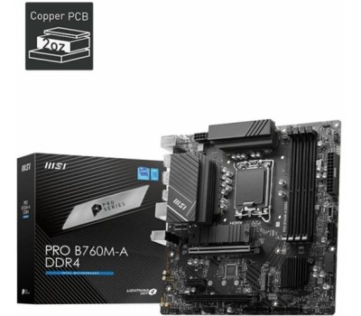 Материнская плата MSI Материнская плата PRO B760M-A WIFI DDR4 B760, LGA1700, 4*DDR4, 2*PCIEx16, 1*PCIEx1, 2*M.2, 1*TypeC, 2*USB3.2Gen2, 6*USB3.2Gen1, 6*USB2.0, 4*SATA3.0, 2.5G, 2*DP, 2*HDMI, M-ATX, RTL