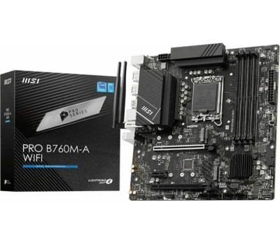 Материнская плата MSI Материнская плата PRO B760M-A WIFI DDR4 B760, LGA1700, 4*DDR4, 2*PCIEx16, 1*PCIEx1, 2*M.2, 1*TypeC, 2*USB3.2Gen2, 6*USB3.2Gen1, 6*USB2.0, 4*SATA3.0, 2.5G, 2*DP, 2*HDMI, M-ATX, RTL