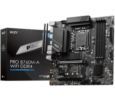 Материнская плата MSI Материнская плата PRO B760M-A WIFI DDR4 B760, LGA1700, 4*DDR4, 2*PCIEx16, 1*PCIEx1, 2*M.2, 1*TypeC, 2*USB3.2Gen2, 6*USB3.2Gen1, 6*USB2.0, 4*SATA3.0, 2.5G, 2*DP, 2*HDMI, M-ATX, RTL