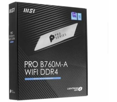 Материнская плата MSI Материнская плата PRO B760M-A WIFI DDR4 B760, LGA1700, 4*DDR4, 2*PCIEx16, 1*PCIEx1, 2*M.2, 1*TypeC, 2*USB3.2Gen2, 6*USB3.2Gen1, 6*USB2.0, 4*SATA3.0, 2.5G, 2*DP, 2*HDMI, M-ATX, RTL