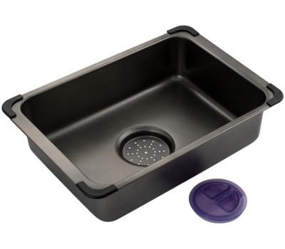 FABIA ПРОФИ - Мойка врезная 68х45 см, ГРАФИТ, толщина 3,0 х 0,9 мм, глубина 200 мм + большой УГЛОВОЙ сифон с переливом + корзина + врезка для дозатора 68453G