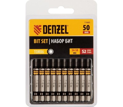 Набор бит DENZEL Набор бит TORX 6х50, сталь S2, шестигранный профиль, 10 шт. 11665