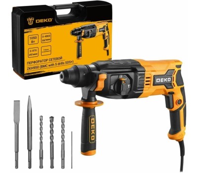 Перфоратор сетевой DEKO ZKH950 в кейсе с набором из 5 буров SDS+, 1050 Вт 083-1005