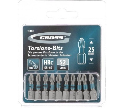Бита GROSS Бита торсионная PH2 x 25 мм, для ударных шуруповертов, 10 шт. 11482