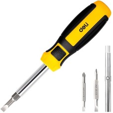 Отвертка DELI Многофункциональная 6-в-1 DL260206 длина 180мм, в комплекте биты SL5+PH1 и SL6+PH2, удлинитель, прорезиненная рукоять