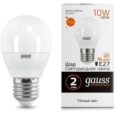 GAUSS Лампа светодиодная Elementary 10Вт цок.:E27 шар 220B св.свеч.бел.теп. (упак.:10шт) (53210)