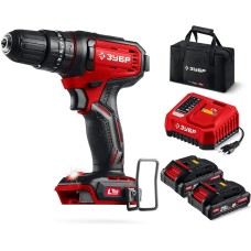 ЗУБР 20 В, 40 Н·м, 2 АКБ LMS (2 А·ч), ударная дрель-шуруповерт, сумка (ДШУ-40-22)