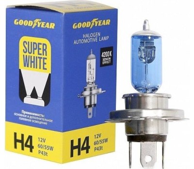 Лампа галогенная GOODYEAR GY014127 лампа галогенная автомобильная Н4 12V 60/55W P43t Super White (блистер)