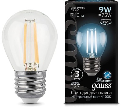 лампа GAUSS Лампа филам. Filament 9Вт цок.:E27 шар 220B 4100K св.свеч.бел.нейт. P45 (упак.:1шт) (105802209)