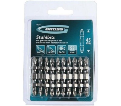 Бита GROSS Бита двухсторонняя, PH2-PH1 х 45 мм, сталь S2, 10 шт. 11211
